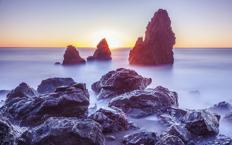 Rock Formations at Sunset — Purple, Serene, Photograph, Ocean