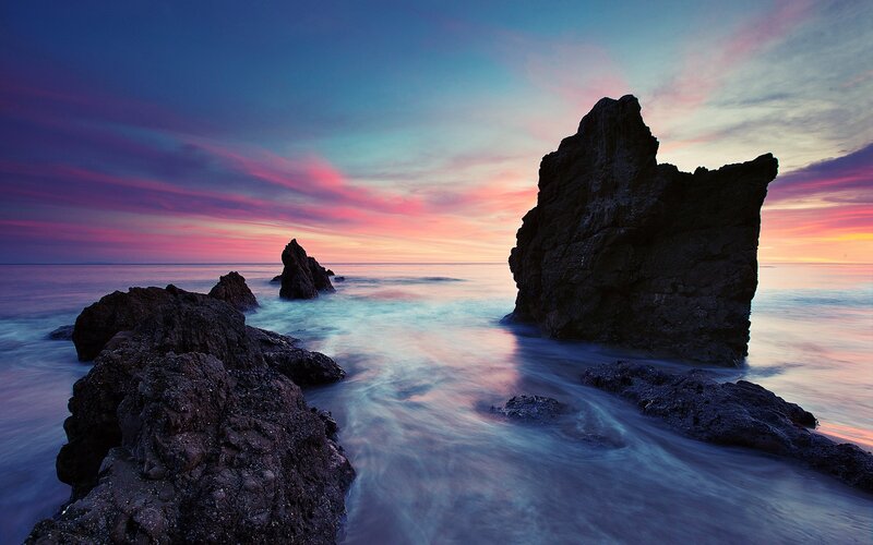 Rock Formations at Sunset — Purple, Serene, Photograph, Rocks, Ocean, Sky, Pink, Blue