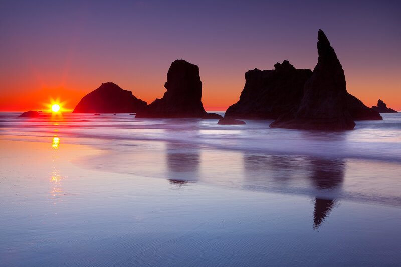 Rock Formations at Sunset — Purple, Serene, Photograph, Sun, Ocean