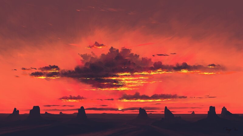 Rock Formations at Sunset — Red, Dramatic, Digital Art, Clouds