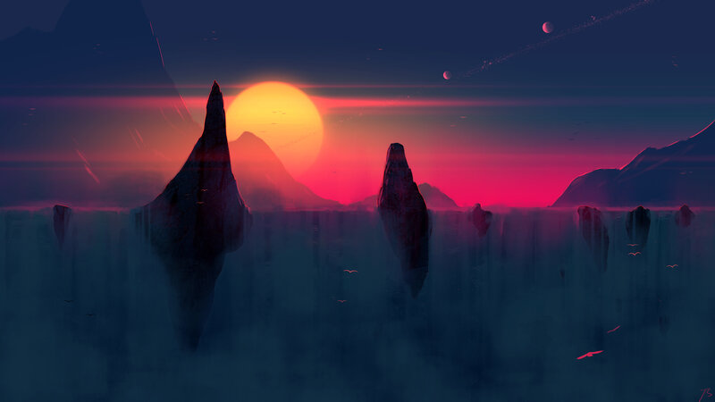 Rock Formations at Sunset — Red, Dramatic, Digital Art