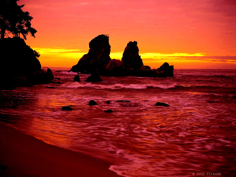 Rock Formations at Sunset — Red, Dramatic, Photograph, Ocean, Sky, Trees, Orange