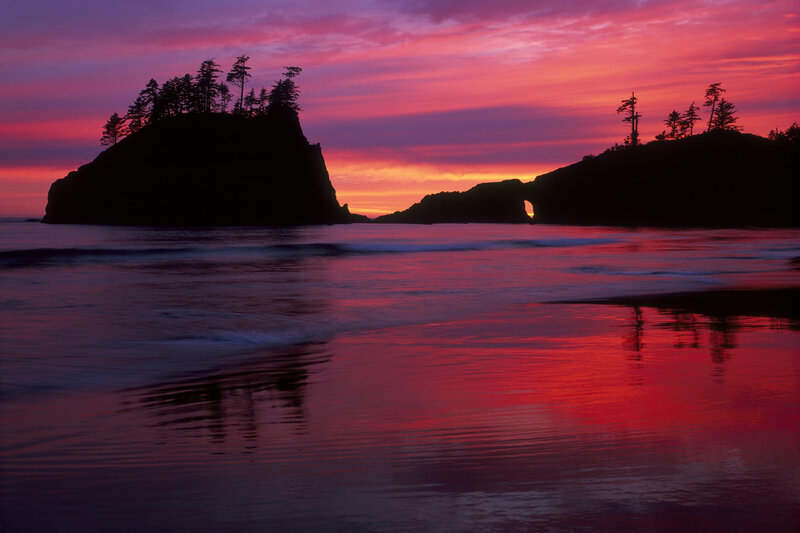 Rock Formations at Sunset — Red, Dramatic, Photograph, Ocean, Sky, Trees