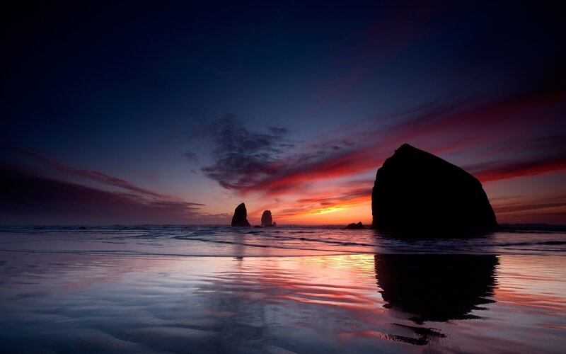 Rock Formations at Sunset — Red, Dramatic, Photograph, Ocean