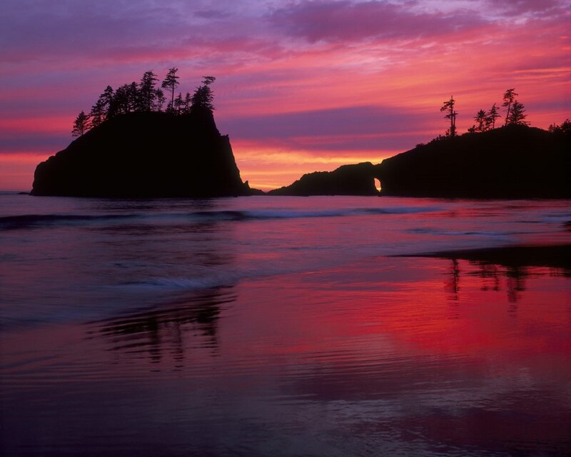 Rock Formations at Sunset — Red, Dramatic, Photograph, Ocean, Trees, Sky, Purple