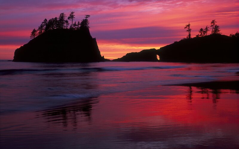 Rock Formations at Sunset — Red, Dramatic, Photograph, Ocean, Trees, Sky