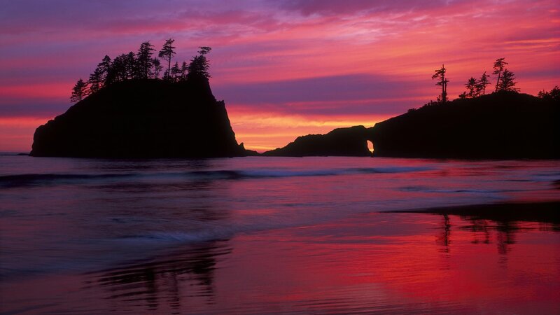 Rock Formations at Sunset — Red, Dramatic, Photograph, Ocean, Trees
