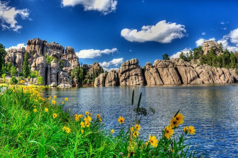 Rock Formations by Lake — Blue, Serene