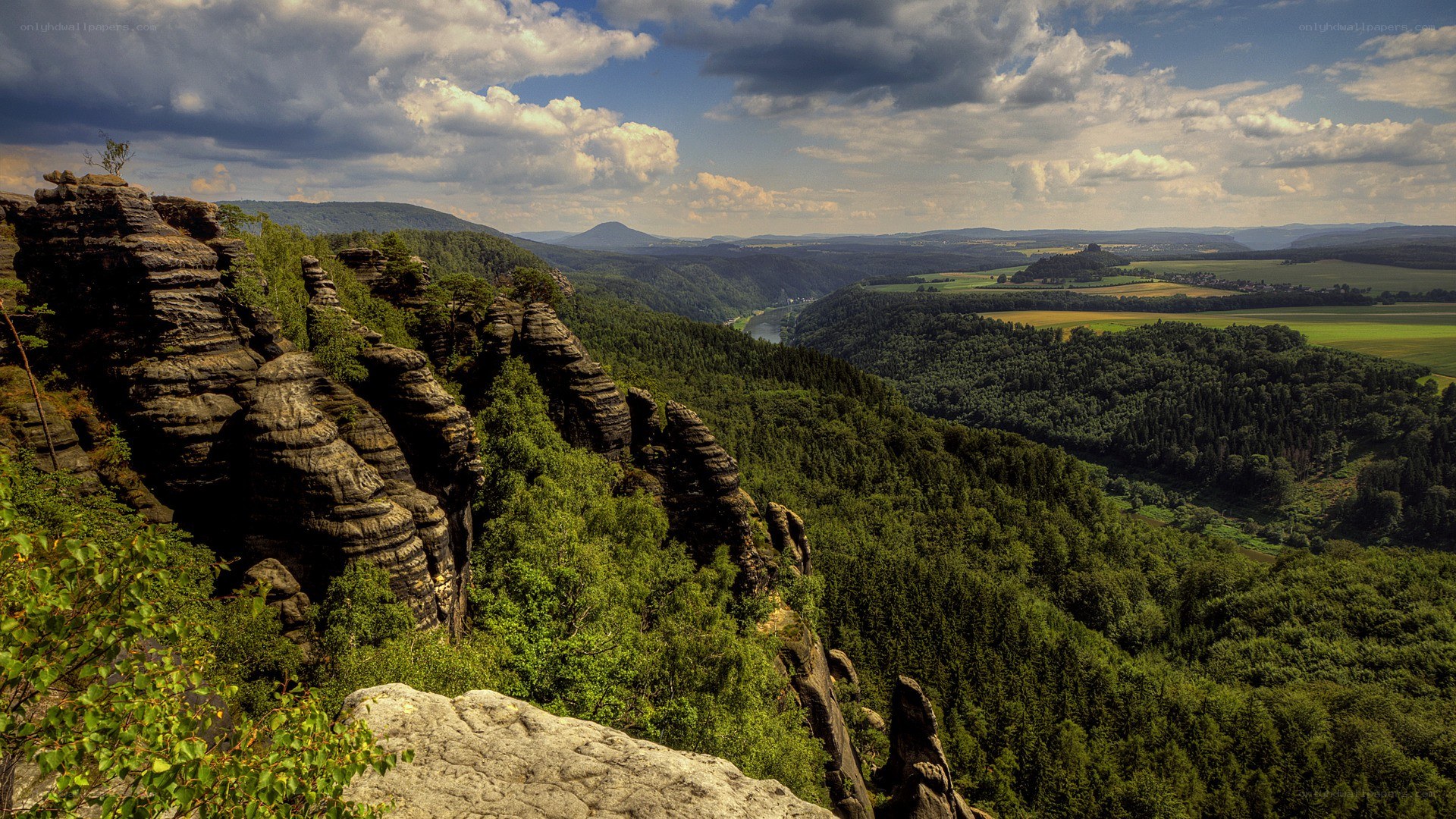 Rock formations in a forested valley