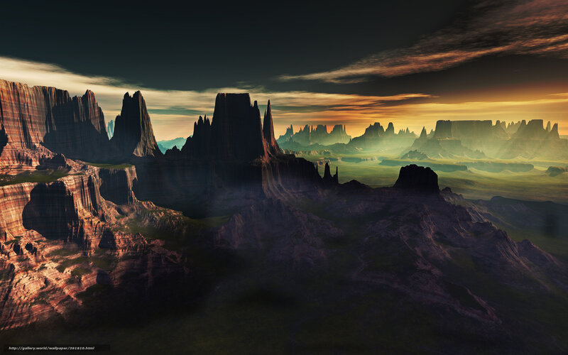 Rock Formations in Canyon — Brown, Dramatic, Sunset, Digital Art