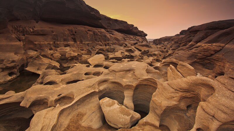 Rock Formations in Canyon — Brown, Dramatic, Sunset, Photograph, Rocks