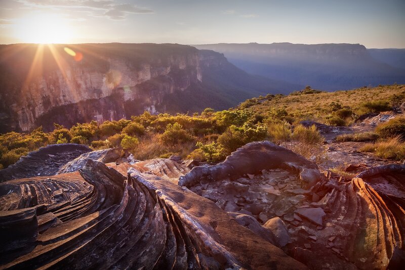 Rock Formations in Canyon — Brown, Dramatic, Sunset, Photograph