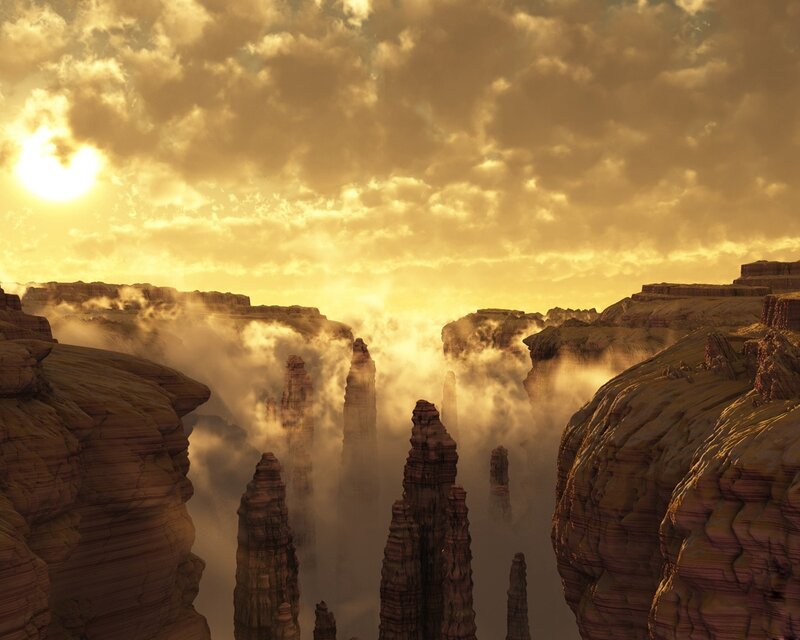 Rock Formations in Canyon — Gold, Dramatic, Sunset, 3d Render, Sun, Clouds