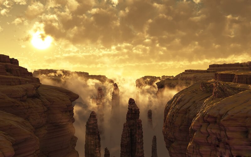 Rock Formations in Canyon — Yellow, Dramatic, Sunset, 3d Render, Sun, Clouds