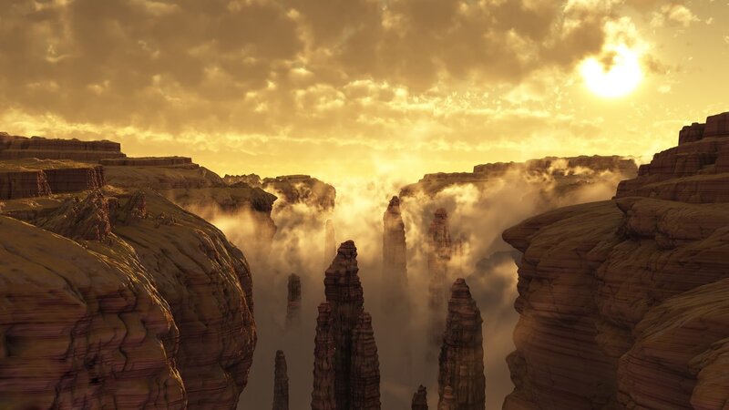 Rock Formations in Canyon — Yellow, Dramatic, Sunset, 3d Render