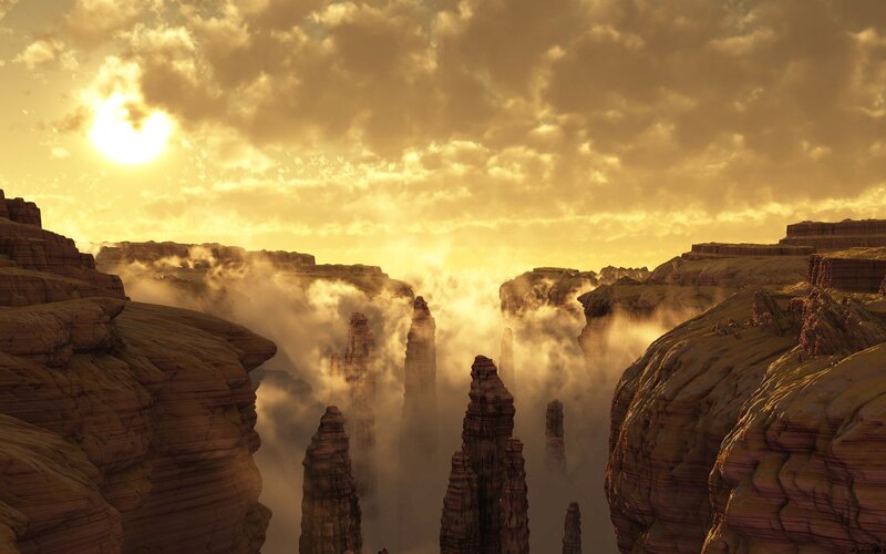 Rock Formations in Canyon — Yellow, Dramatic, Sunset, Digital Art, Sun, Clouds