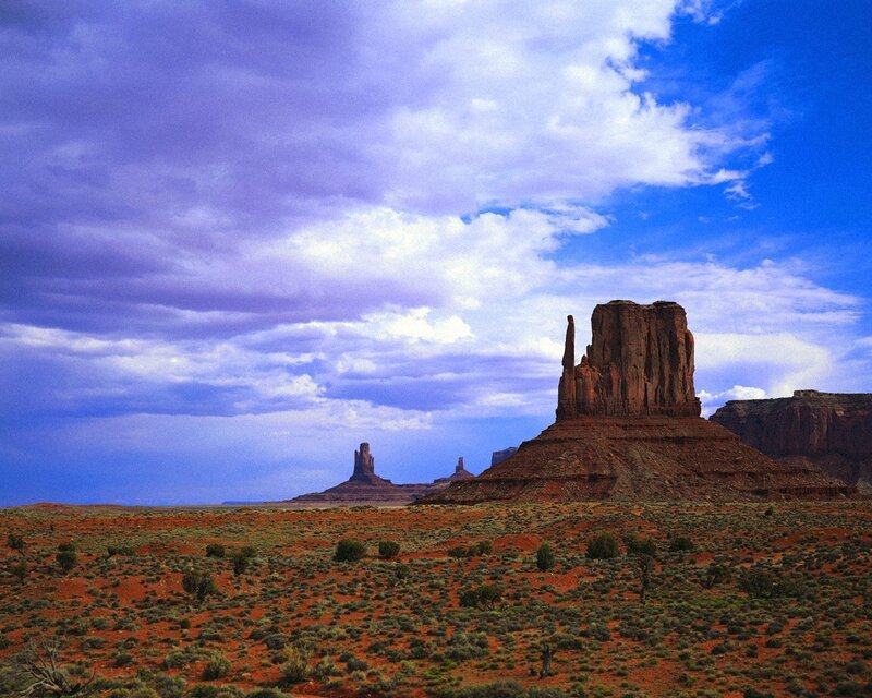 Rock Formations in Desert — Blue, Dramatic, Afternoon, Photograph, Clouds, Sand, Vegetation