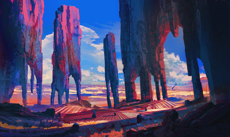 Rock Formations in Desert — Blue, Dramatic, Sunset, Digital Art