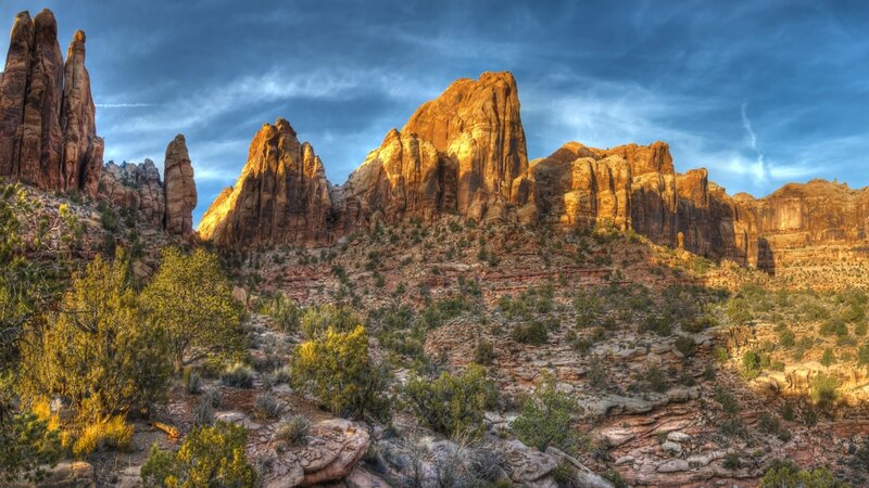 Rock Formations in Desert — Blue, Dramatic, Sunset, Photograph, Cliffs