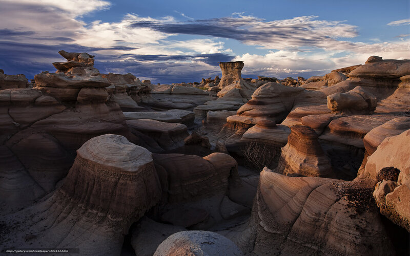 Rock Formations in Desert — Blue, Dramatic, Sunset, Photograph, Clouds, Sky