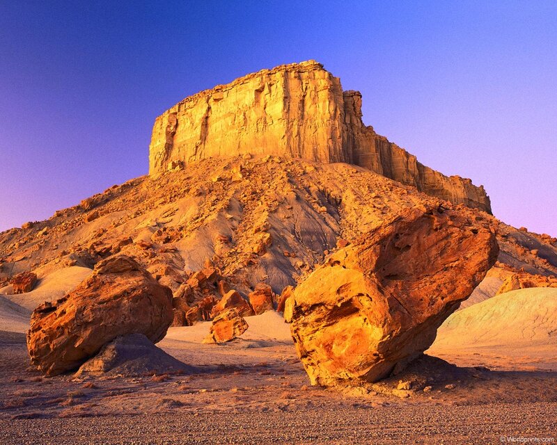 Rock Formations in Desert — Blue, Dramatic, Sunset, Photograph, Sky, Rocks