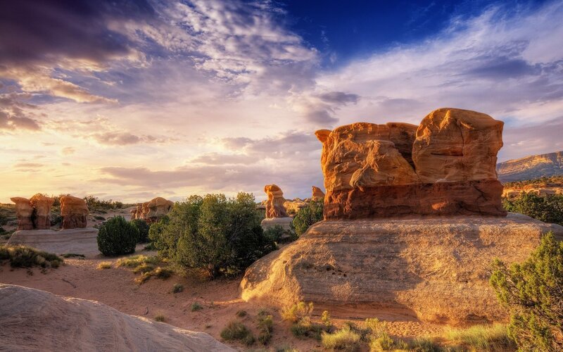 Rock Formations in Desert — Blue, Dramatic, Sunset