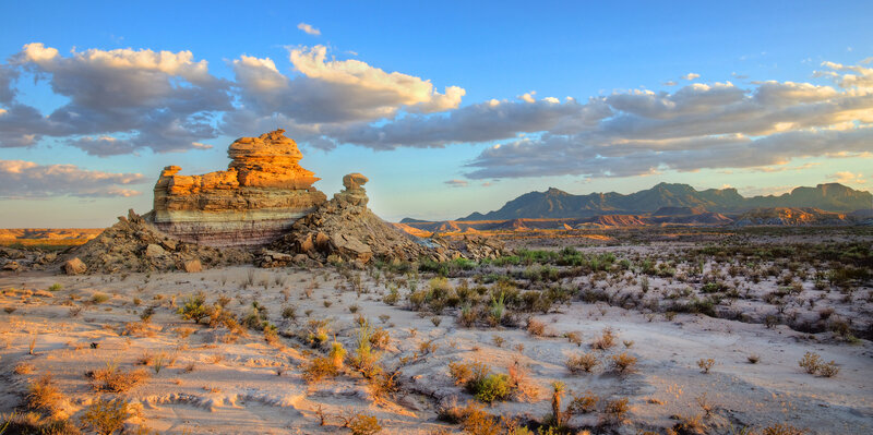 Rock Formations in Desert — Blue, Serene, Sunset