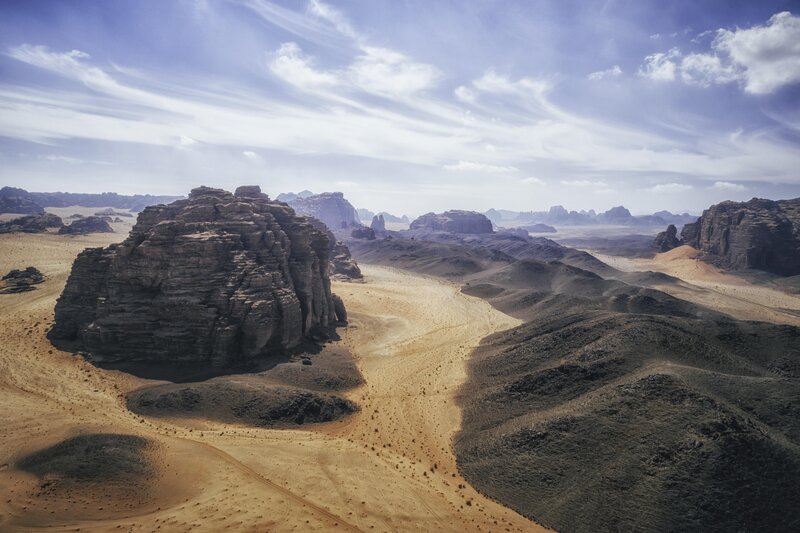 Rock Formations in Desert — Brown, Arid, Afternoon, Photograph, Sand Dunes