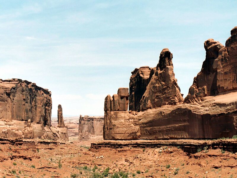 Rock Formations in Desert — Brown, Arid, Afternoon, Photograph, Sandstone, Sky, Dirt