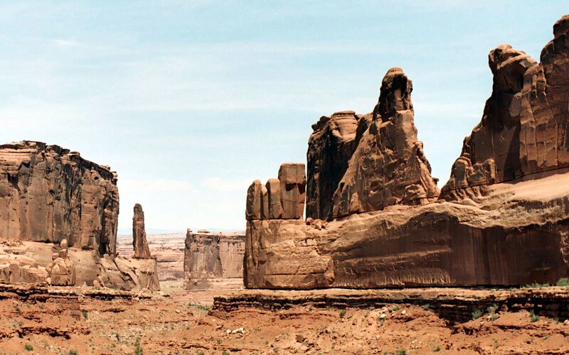 Rock Formations in Desert — Brown, Arid, Afternoon, Photograph, Sandstone, Sky