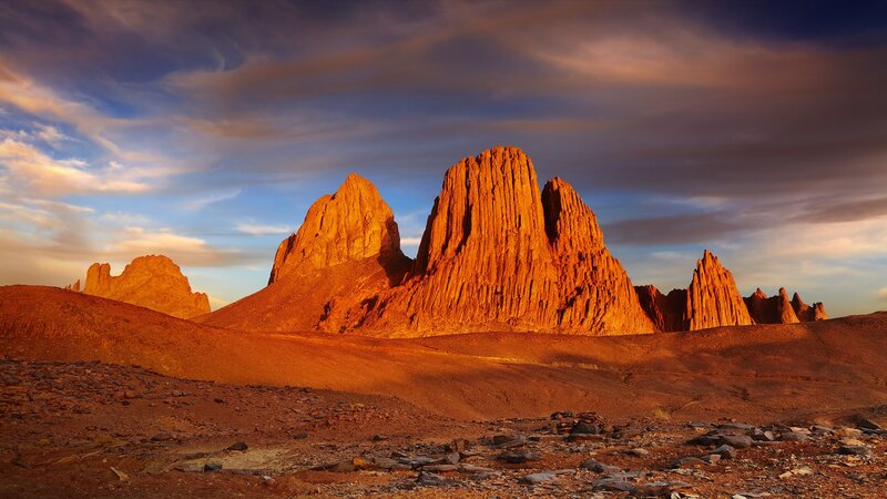Rock Formations in Desert — Orange, Dramatic, Sunset, Photograph, Mountains