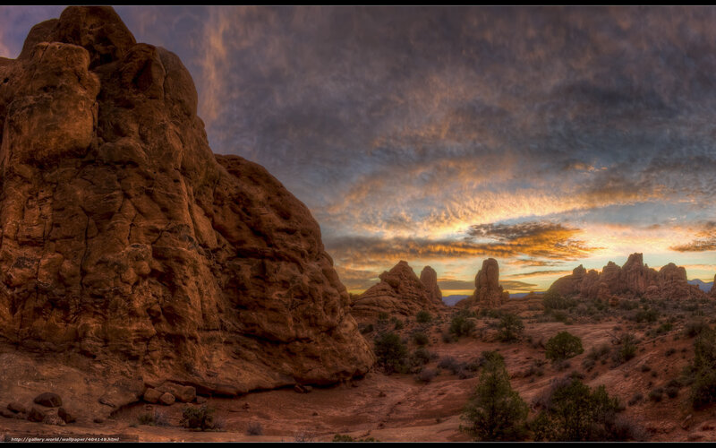 Rock Formations in Desert — Orange, Dramatic, Sunset, Photograph, Rocks
