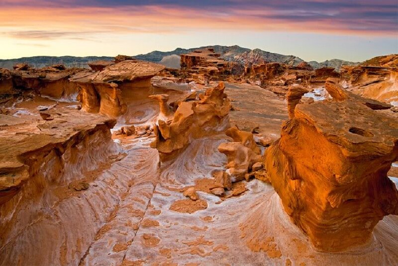 Rock Formations in Desert — Orange, Dramatic, Sunset