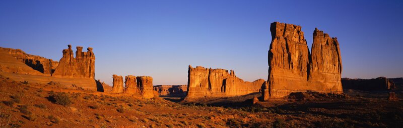 Rock Formations in Desert — Orange, Serene, Sunset, Photograph