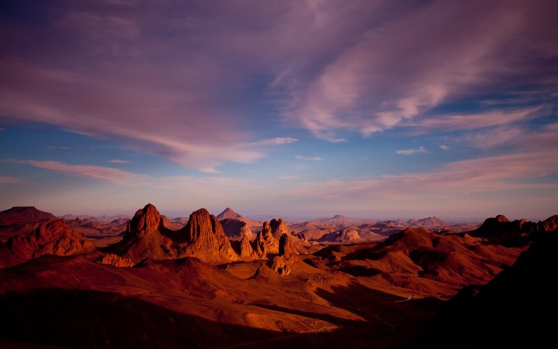Rock Formations in Desert — Purple, Dramatic, Sunset