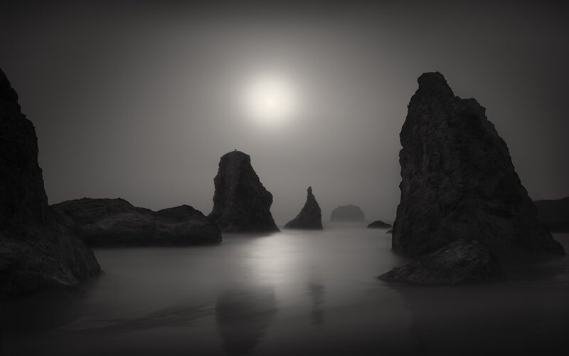 Rock Formations in Fog — Black, Mysterious