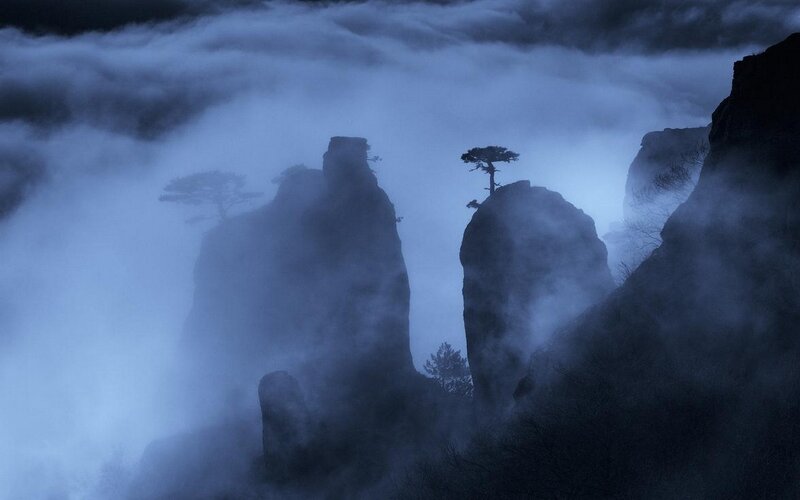 Rock Formations in Fog — Blue, Mysterious