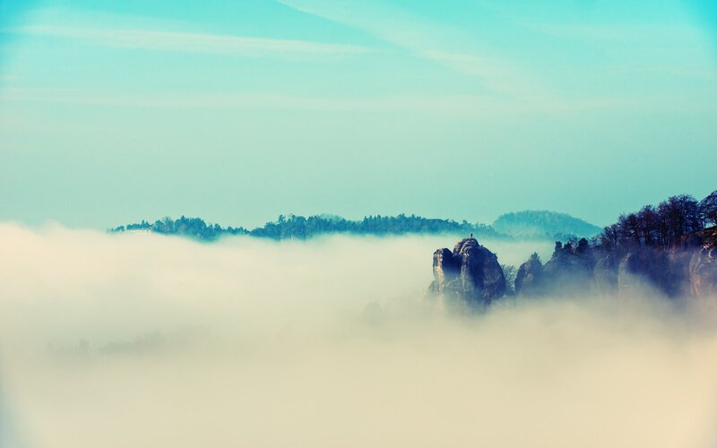 Rock Formations in Fog — Blue, Serene