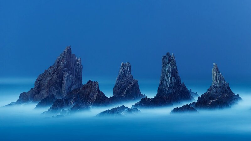 Rock Formations in Fog — Blue