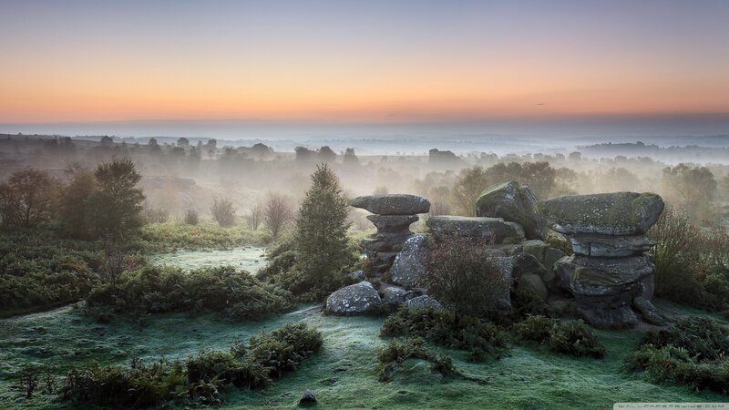 Rock Formations in Fog — Green, Serene