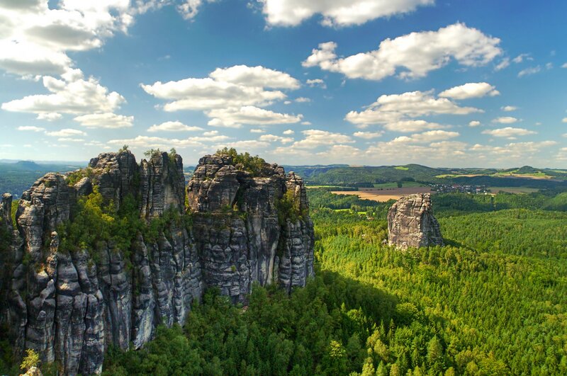Rock Formations in Forest — Green, Serene, Afternoon, Photograph, Clouds