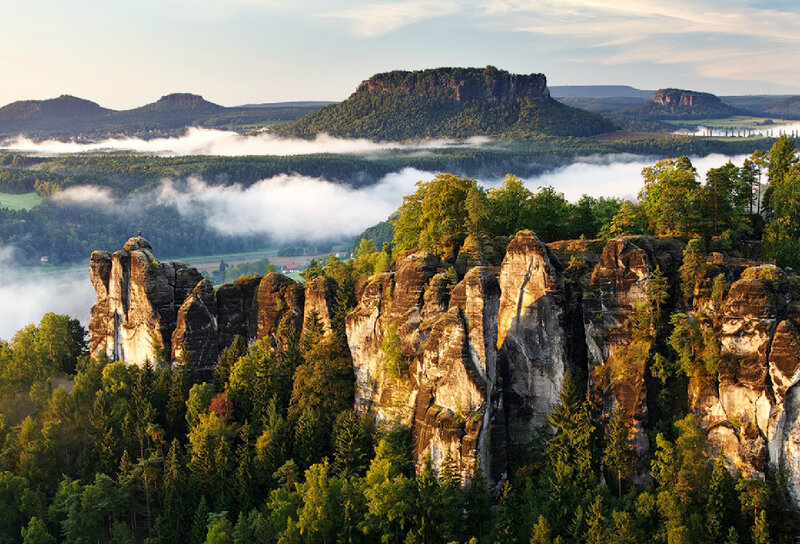 Rock Formations in Forest — Green, Serene, Morning, Photograph, Fog
