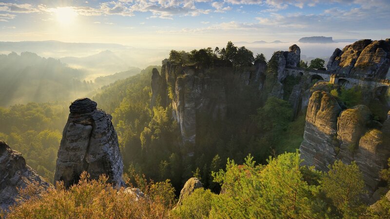 Rock Formations in Forest — Green, Serene, Morning, Photograph, Mountains, Sunrise
