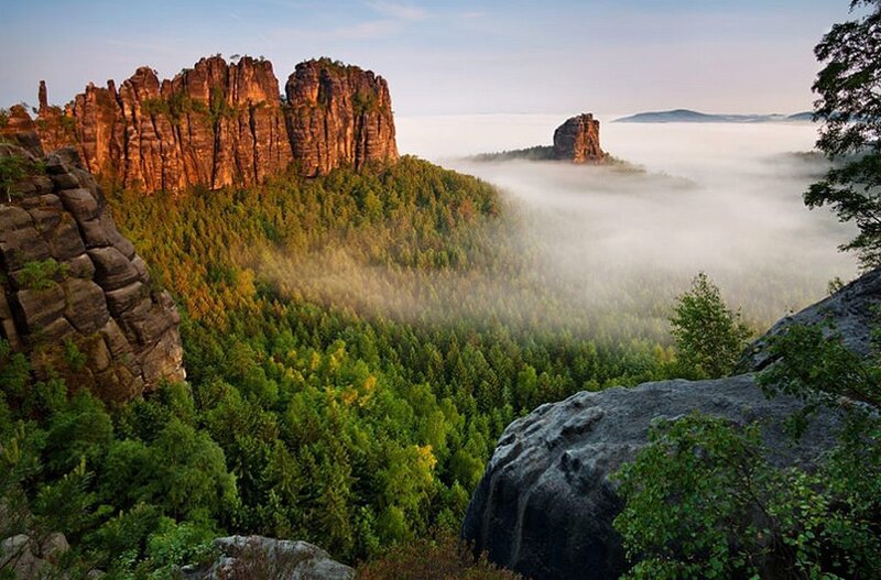 Rock Formations in Forest — Green, Serene, Morning
