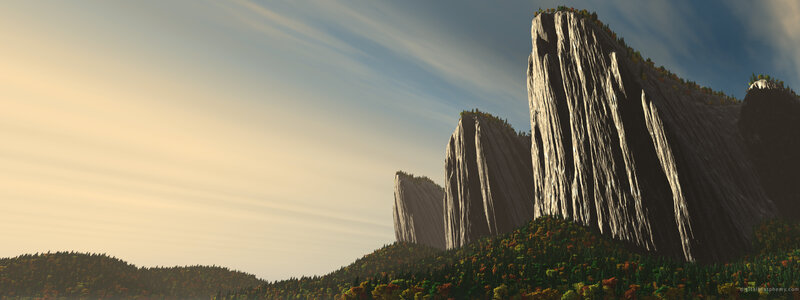 Rock Formations in Forest — Green, Serene, Sunset, Digital Art