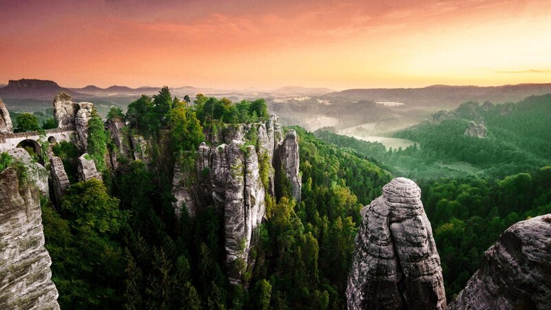 Rock Formations in Forest — Green, Serene, Sunset, Photograph, Mountains