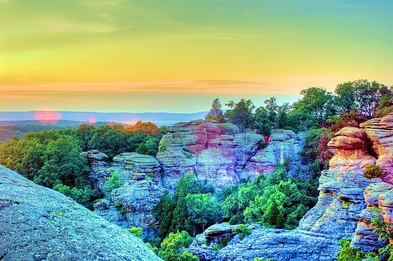 Rock Formations in Forest — Green, Serene, Sunset, Photograph
