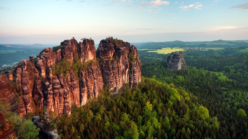 Rock Formations in Forest — Green, Serene, Sunset