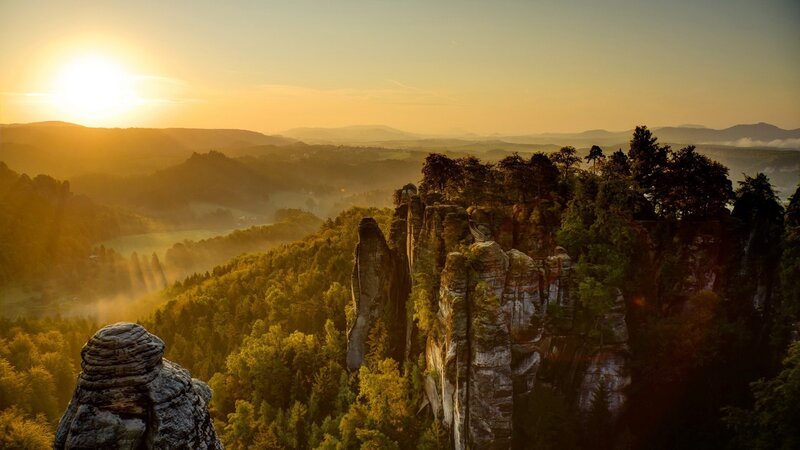 Rock Formations in Forest — Orange, Serene, Sunrise