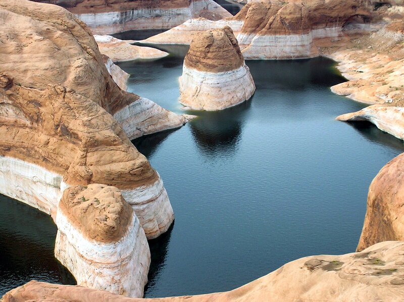 Rock Formations in Lake — Blue, Serene, Afternoon, Photograph, Sandstone